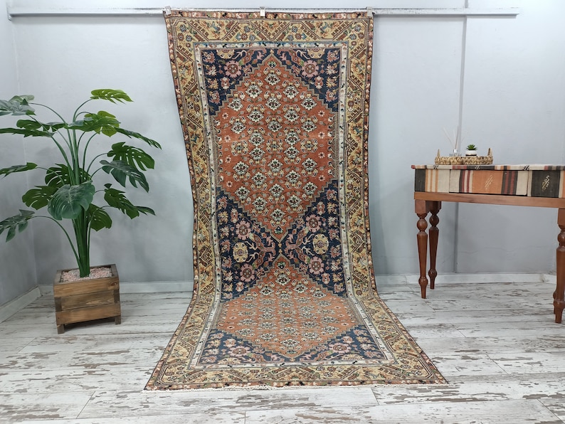 traditional rug, orange blue rug, retro rug, rug with flowers, ethnic rug, turkish vintage rug, wedding rug, boho rug, 4.8x10.8 ft