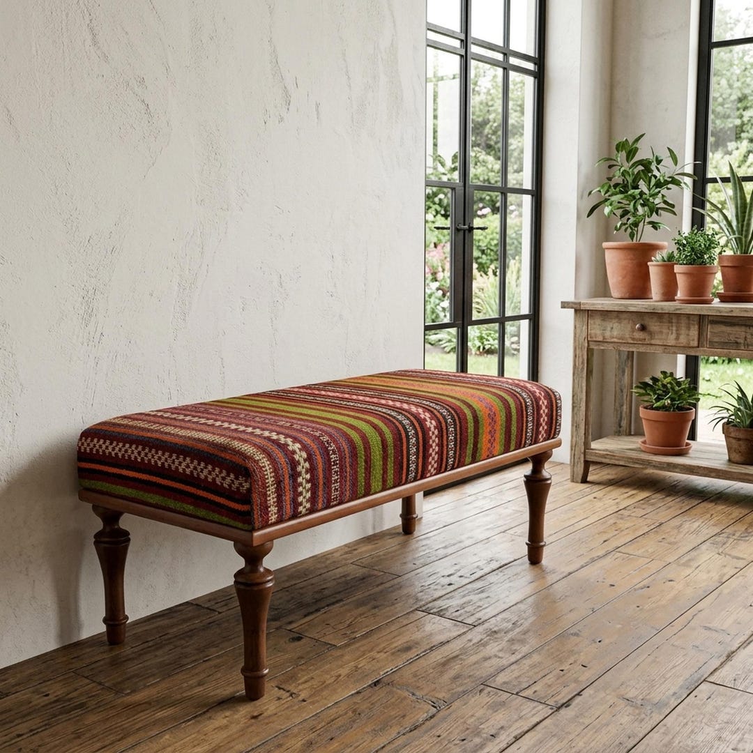 Vibrant Tribal Textile Piano Stool | Bohemian Foyer Decor Shoe