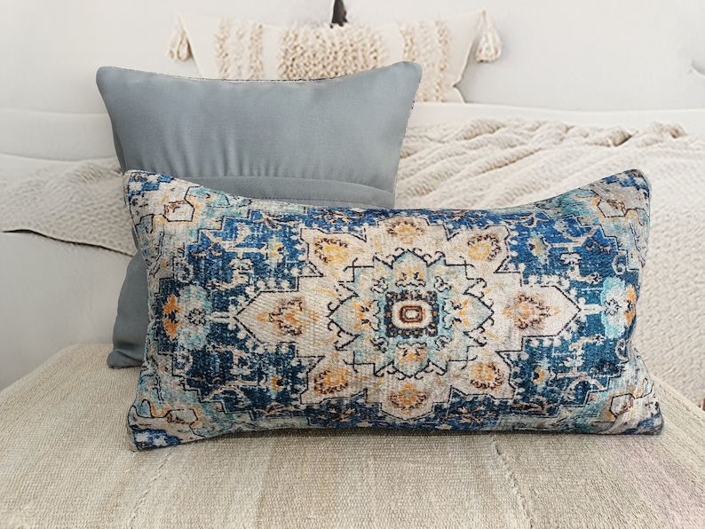 lumbar pillow, pillow with flowers, blue pillow cover, throw decor pillow, authentic pillow, mini pillow sham, beeding pillow, PT 869 image 10