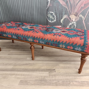 Kilim Rug Bench, Ottoman Upholstered Bench, Handmade Furniture, Footstool Bench, Aztec Bench, Farmhouse Decor, Entry Bench, BENCH 120