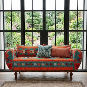 Banco de almacenamiento/sofá zapatero de entrada con estampado azteca en color turquesa y naranja, ST 120-2