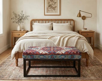 Banco tapizado, banco para pasillo, banco para dormitorio, banco para entrada, banco bohemio, muebles hechos a mano, banco retro, banco reposapiés, MTL 36