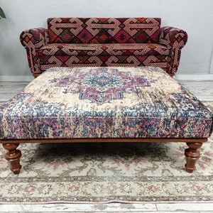 Handmade Ottoman Bench, Upholstered Bench, Bohemian Bench, Coffee Table, Sitting Bench, Rug Bench, Wood Work Bench, Living Room Table