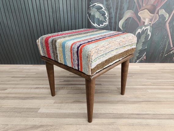 Ottoman Bench Square Footstool Rainbow Kilim Footstool Walnut Vanity Bench Vintage Carpet Stool Small Bench Stool VT 79 18x18 Etsy UK