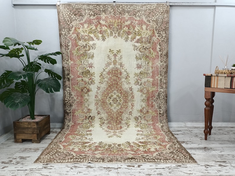handmade turkish rug, botanic rug, antique rug, soft color rug, living room rug, lodge rugs, vintage area rug, large rug, 5.8x10 ft