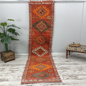 red runner rug, herki runner, ikat runner rug, soft mat, fire place rug, turkish rug, hallway runner, vintage rug, 3 x 11.5 feet, VT 3434