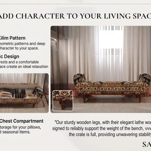 May include: A bench with a patterned fabric design, featuring curved armrests and wooden legs. The bench has a spacious chest compartment for storage. The text on the image says "Add Character to Your Living Space."