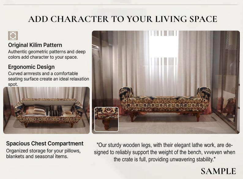May include: A bench with a patterned fabric design, featuring curved armrests and wooden legs. The bench has a spacious chest compartment for storage. The text on the image says "Add Character to Your Living Space."
