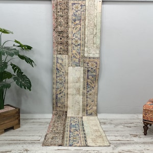 hallway runner, shabby chic rug, vintage oushak rug, patchwork rug, gothic rug, low pile runner, turkish runner rug, 2.7 x 9.5 ft VT 3888 image 1