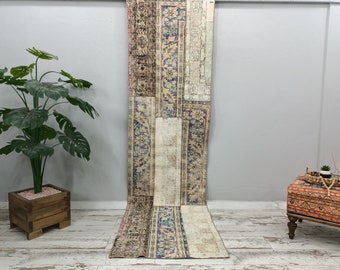 hallway runner, shabby chic rug, vintage oushak rug, patchwork rug, gothic rug, low pile runner, turkish runner rug, 2.7 x 9.5 ft VT 3888