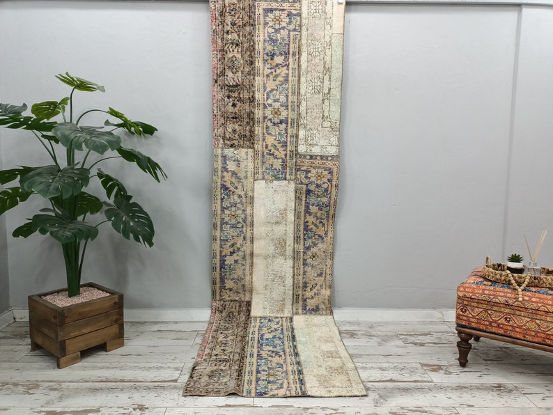 hallway runner, shabby chic rug, vintage oushak rug, patchwork rug, gothic rug, low pile runner, turkish runner rug, 2.7 x 9.5 ft VT 3888 image 1