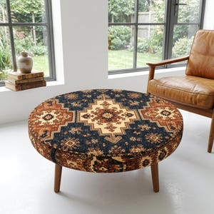 Navy Rust Geometric Printed Round Coffee Table Sunroom Centerpiece Pouf