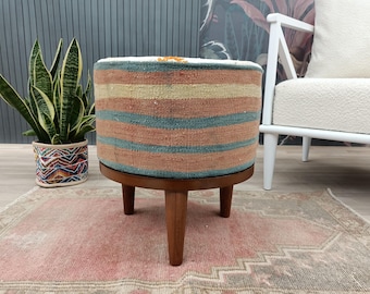 Taburete otomano Kilim, taburete para tocador, taburete ligero, taburete portátil, banco de salón, taburete circular, banco reposapiés, FS 1224