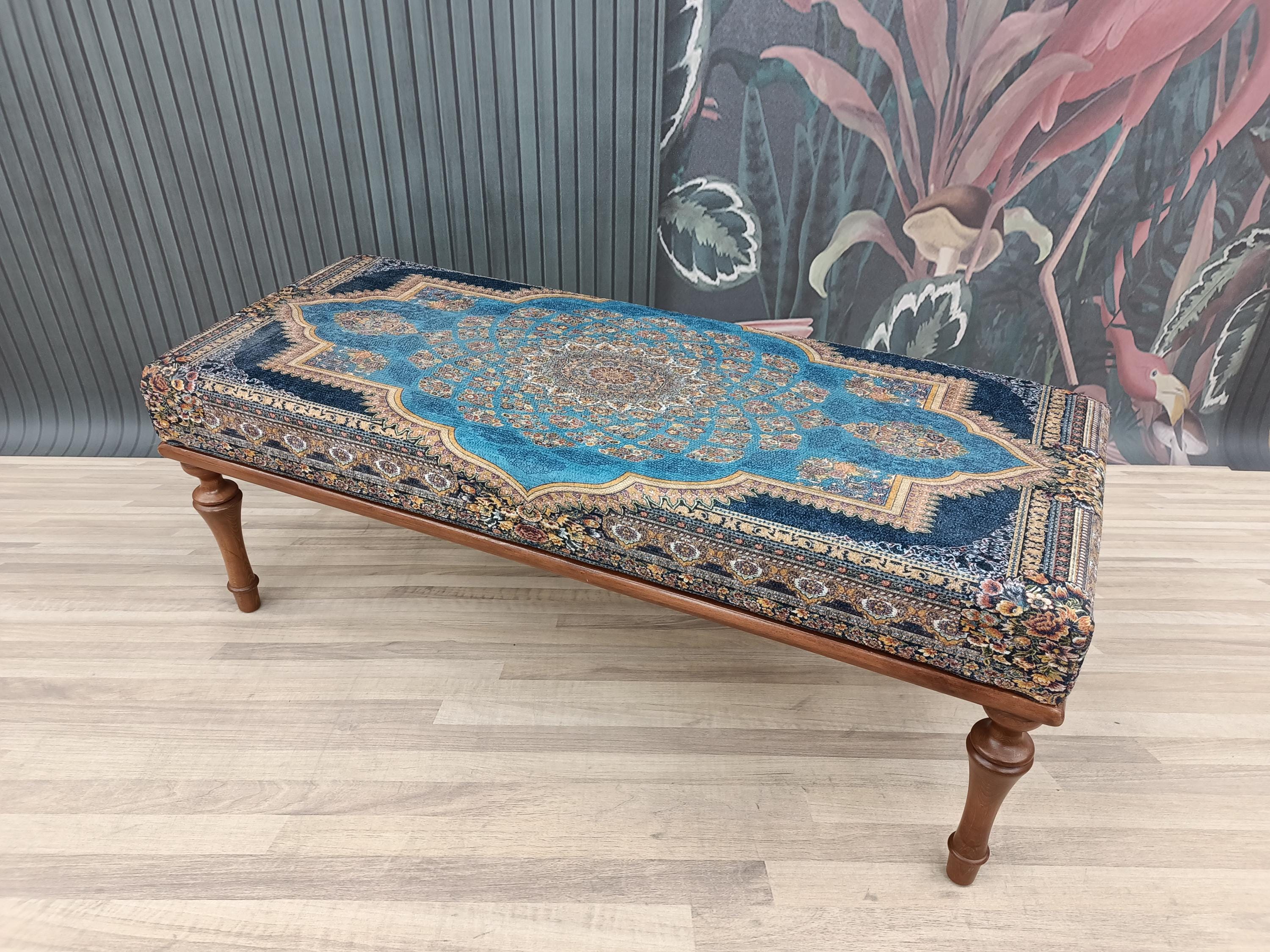bedroom ottoman bench, wood bench, boho chair, dining table bench, footstool bench, turkish rug bench, upholstered bench, Bench 867