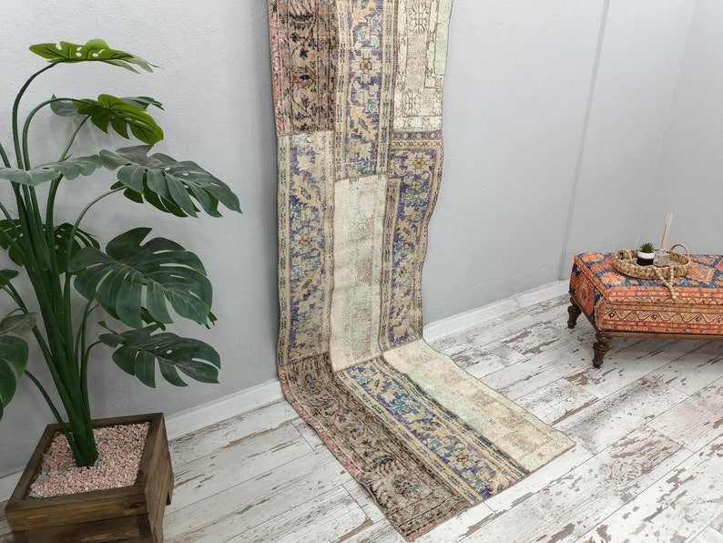 hallway runner, shabby chic rug, vintage oushak rug, patchwork rug, gothic rug, low pile runner, turkish runner rug, 2.7 x 9.5 ft VT 3888 image 7