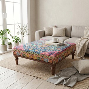 Quadratischer Ottomaner Couchtisch | Bunter Boho Gemusterter Holz Sitz 92x91 cm VT 40