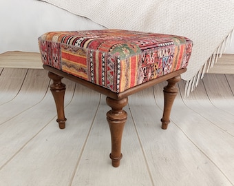 vanity stool, handmade footstool, upholstered footstool, handmade furniture, patio furniture, small chair, kilim bench, VT 883 18x18