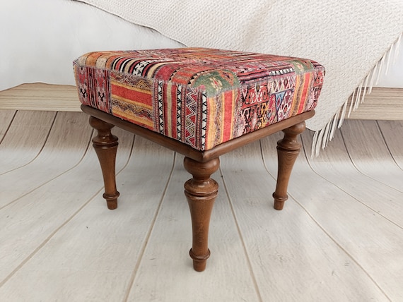 vanity stool, handmade footstool, upholstered footstool, handmade furniture, patio furniture, small chair, kilim bench, VT 883 18x18