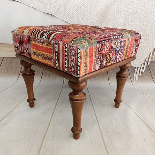 vanity stool, handmade footstool, upholstered footstool, handmade furniture, patio furniture, small chair, kilim bench, VT 883 18x18