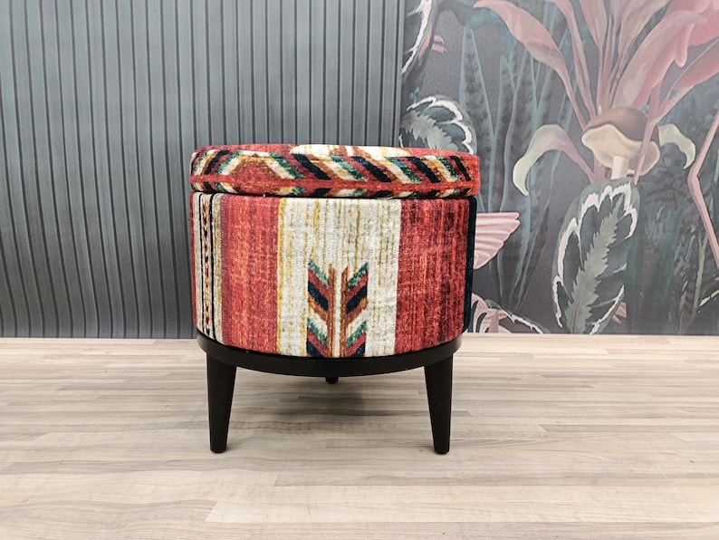 Pouf ottoman, Storage solution,  Vanity table bench, Barrel stool, Round bench, Upholstered bench, Storage bench, Shoe bench, FS 58-2