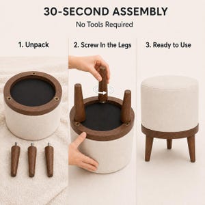 The image is a step-by-step guide showing the process of assembling a stool, with three images depicting the different stages of assembly.