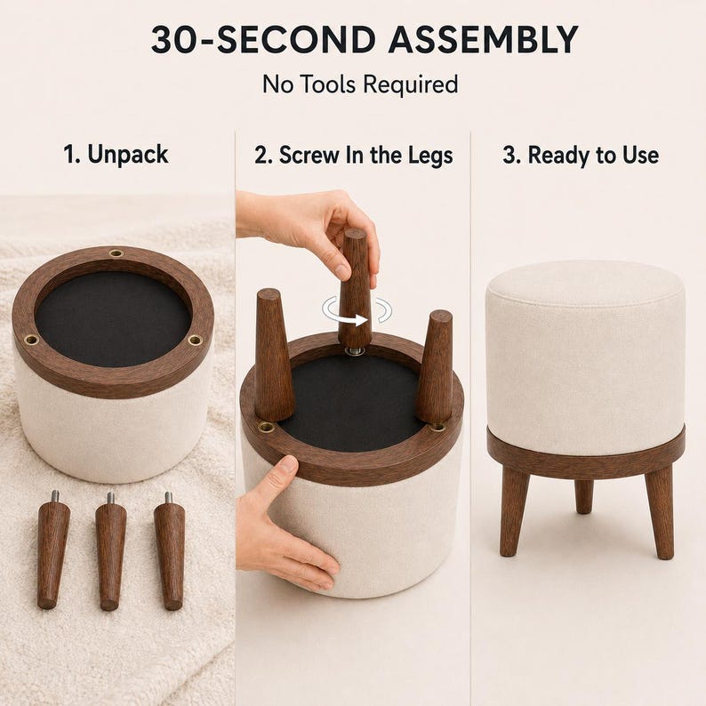 The image is a step-by-step guide showing the process of assembling a stool, with three images depicting the different stages of assembly.