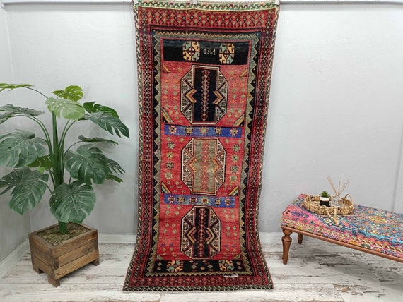 turkish rug, vintage rug, boho runner rug, oushak rug, wool stair rug, ethnic runner, old runner rug, corridor runner, 3.5 x 8.2 ft, VT 2871