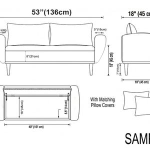 May include: Diagram of a sofa and armchair with dimensions in inches and centimeters. The sofa is 53 inches (136cm) wide and 24 inches (60cm) high. The armchair is 18 inches (45cm) wide and 24 inches (60cm) high. Includes matching pillow covers.