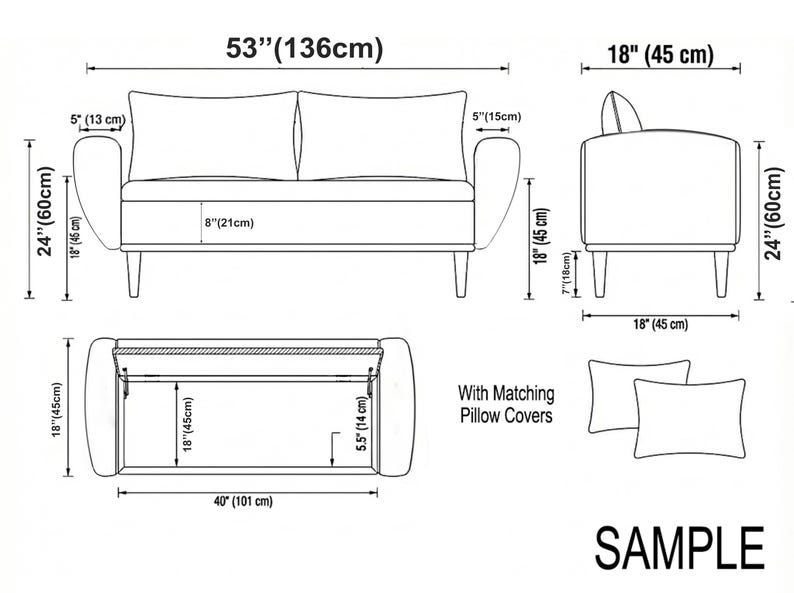 May include: Diagram of a sofa and armchair with dimensions in inches and centimeters. The sofa is 53 inches (136cm) wide and 24 inches (60cm) high. The armchair is 18 inches (45cm) wide and 24 inches (60cm) high. Includes matching pillow covers.