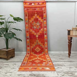 orange rug, bathroom rug, handmade oushak, textured rug, soft floor mat, turkish vintage rug, traditional rug, 2.8 x 10.4 ft, VT 4521