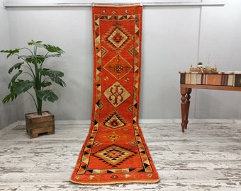 herki turkish rug, orange runner rug, bathroom rug, wool stair rug, moroccan rug, hallway rug, lodge rug, vintage rug, 2.7x11.8 ft VT 4535