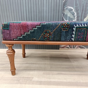 Vintage Teppichbank, Holz Werkbank, Polsterbank, Dekorative Bank, Klavierbank, Gepolsterte Bank, Boho Bank, BENCH 1153