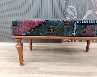 Vintage rug bench, Wood work bench, Upholstered bench, Decorative bench, Piano bench, Padded bench, Boho bench, 18x18x36'', BENCH 1153