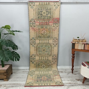 floral oushak rug, entryway runner, rustic rug, turkish rug, bedroom area rug, floor runner, vintage rug, bathroom mat, 3 x 9.2 ft, VT 3662