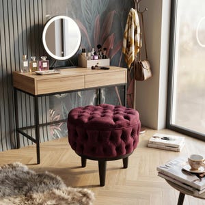 Purple Velvet Round Ottoman Pouf | Elegant Vanity Room Decor, FS KM PURPLE
