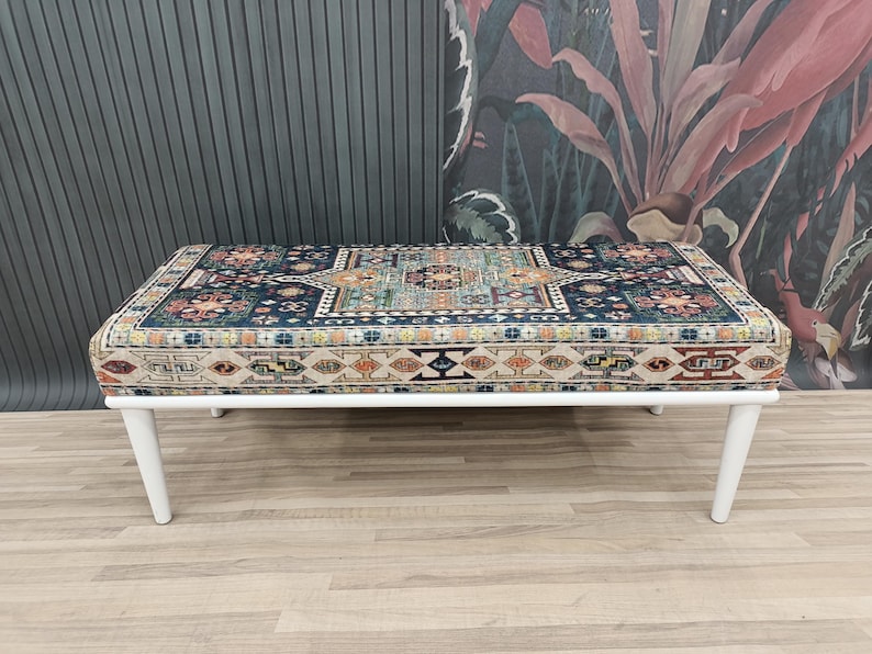 bedroom ottoman bench, wood bench, boho chair, dining table bench, ottoman bench seat, turkish rug bench, long ottoman bench, BENCH 160