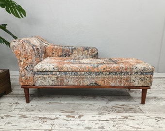 Oranje chaise longue, Bekledingsbank, Houten raamstoel, Bankbank, Handgemaakte bank, Boho slaapbank, Leesstoel, Gewapende bank, SOFA 794