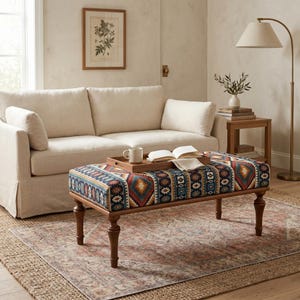turkish rug bench, oushak rug bench, handmade bench, ottoman furniture, aztec pattern bench, bedroom ottoman, boho bench, Footstool,BENCH 62