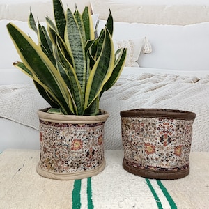 May include: Two decorative fabric storage baskets with a patterned design. The baskets are beige and brown with a white background and colourful floral patterns. A potted snake plant with green and yellow leaves is in the background.