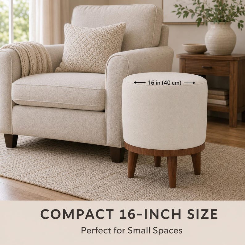 a beige armchair with a white ottoman in a living room setting. The ottoman is described as a compact size, measuring 16 inches in height and 40 centimeters in width.