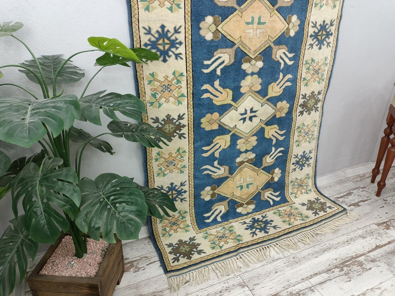 navy blue rug, oriental rug, vintage oushak rug, handknotted rug, turkish area rug, saloon rug, farmhouse rug, wool rug, 5.1x7.7 ft VT 4072 image 7