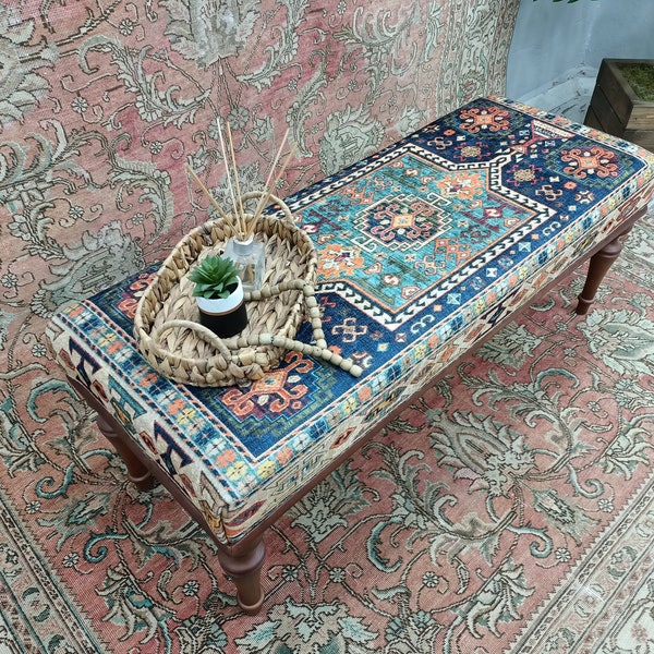 bedroom ottoman bench, wood bench, boho chair, dining table bench, ottoman bench seat, turkish rug bench, long ottoman bench, BENCH 160