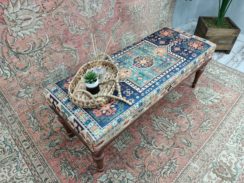 bedroom ottoman bench, wood bench, boho chair, dining table bench, ottoman bench seat, turkish rug bench, long ottoman bench, BENCH 160 image 1