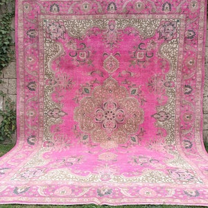 bright pink rug, large size rug, oversize rug, handmade rug, vintage area rug, living room rug, 9.9x12.9 ft, upcycled rug, boho rug, VT 4614