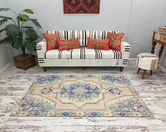 alfombra anudada a mano, alfombra azul rosa, alfombra de color pálido, alfombra oushak, alfombra de salón, alfombra pastel, alfombra decorativa, alfombra vintage turca, 4,1x6,6 pies, VT 3532