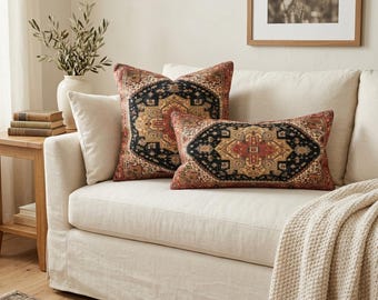 Black Red Medallion Pillow Cover | Oriental Rug Pattern Cushion | Lumbar Bedroom Living Accent