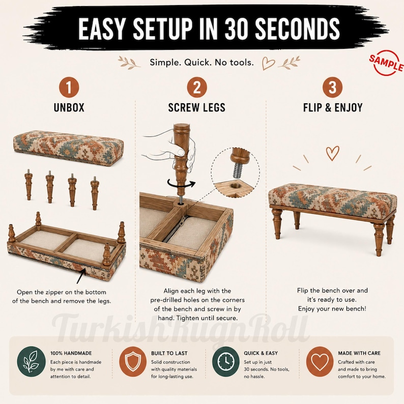 The image is a step-by-step guide on how to assemble a bench in 30 seconds, with illustrations and text to explain the process.