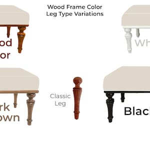 Puede incluir: Imagen que muestra variaciones de color de marco de madera y tipo de pata. Las opciones incluyen marcos de color madera, blancos, marrón oscuro y negros. También se muestra un estilo de pata clásico. El texto "Wood Frame Color Leg Type Variations" está en la parte superior.
