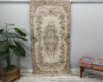 Worn Turkish rug, Accent Boho rug, Beige Oriental rug, Vintage rug, Entry Mat rug, Oushak rug, Wool rug, Bath rugs, 3.6 x 6.9 feet, VT 2993