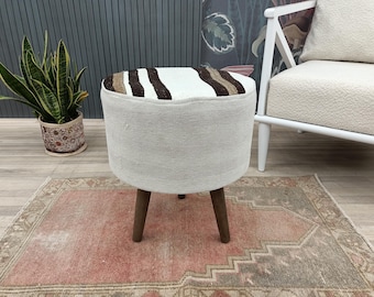 Taburete otomano Kilim hecho a mano, reposapiés tapizado con alfombra vintage, banco de salón portátil